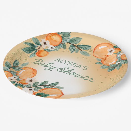 Oranje groen laat Citrus Baby shower Papieren Bordje (Gekanteld)