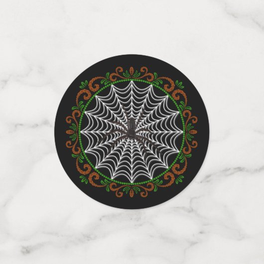 Oranje groen spin web en zwarte spin confetti (Kleine voorkant)