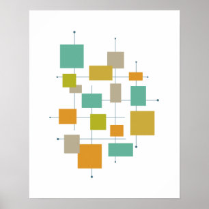 Oranje Groen Turquoise Squares Lines Mid Century Poster