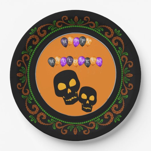 Oranje groen zwart schedels blij Halloween ballonn Papieren Bordje (Voorkant)