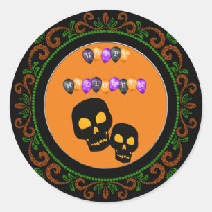 Oranje groen zwart schedels blij Halloween ballonn Ronde Sticker