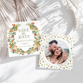 Oranje groene bloemen Save the Date fotouitnodigin