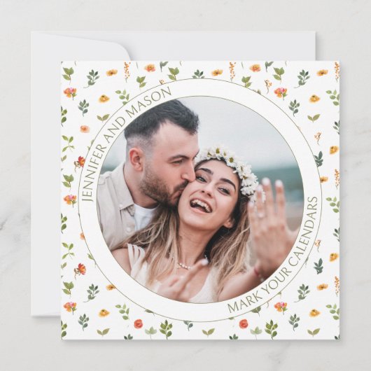 Oranje groene bloemen Save the Date fotouitnodigin (Achterkant)