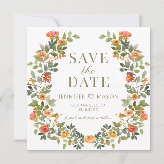 Oranje groene bloemen Save the Date fotouitnodigin (Voorkant)