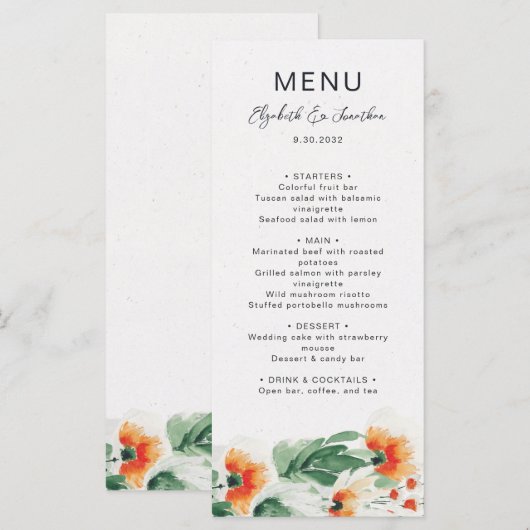 Oranje groene bloementeelt menu (Voorkant / Achterkant)