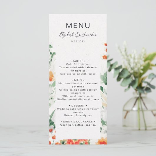 Oranje groene bloementeelt menu (Staand voorkant)