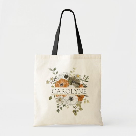 Oranje, groene bloemige bruidsmeisje monogram naam tote bag (Voorkant)