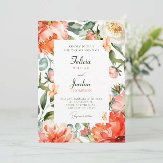 Oranje groene bloesem bruiloft kaart (Staand voorkant)