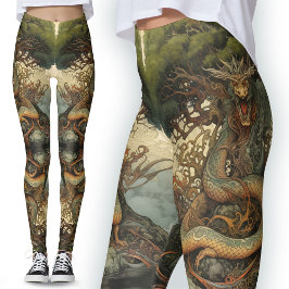 Oranje Groene Chinese Natuur Tree Dragon Tattoo Leggings