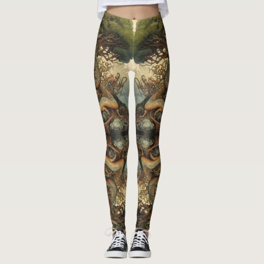 Oranje Groene Chinese Natuur Tree Dragon Tattoo Leggings (Voorkant)