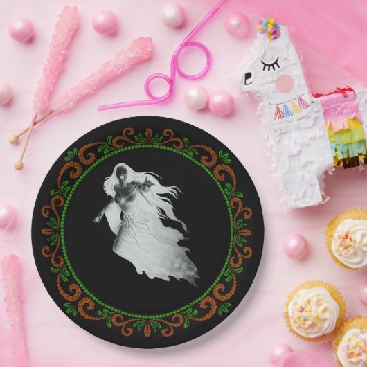 Oranje groene dame in White Ghost Halloween Papieren Bordje (Feest)