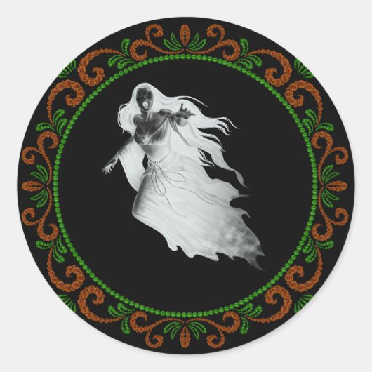 Oranje groene dame in White Ghost Halloween Ronde Sticker (Voorkant)