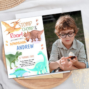 Oranje Groene Dinosaur Birthday Invitation foto Kaart