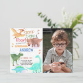 Oranje Groene Dinosaur Birthday Invitation foto Kaart (Staand voorkant)