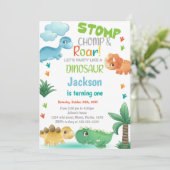 Oranje groene dinosaurus Birthday-uitnodigingen Kaart (Staand voorkant)