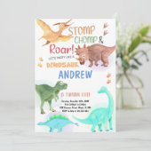 Oranje groene dinosaurus Birthday-uitnodigingen Kaart (Staand voorkant)