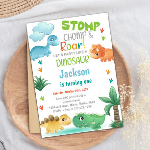 Oranje groene dinosaurus Birthday-uitnodigingen Kaart