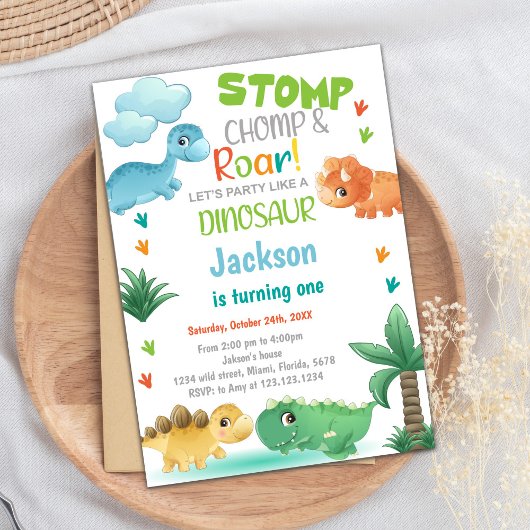 Oranje groene dinosaurus Birthday-uitnodigingen Kaart