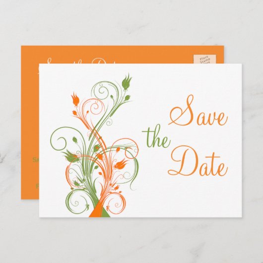 Oranje Groene Floral sparen de Datum Post Kaart (Voorkant / Achterkant)