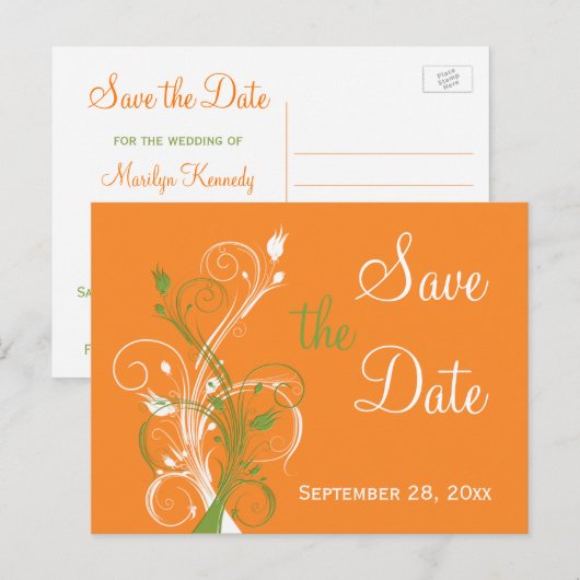 Oranje Groene Floral sparen de Datum Post Kaart (Voorkant / Achterkant)