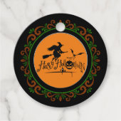Oranje groene Happy Halloween-heks en -vleermuizen Bedankjes Labels (Voorkant)