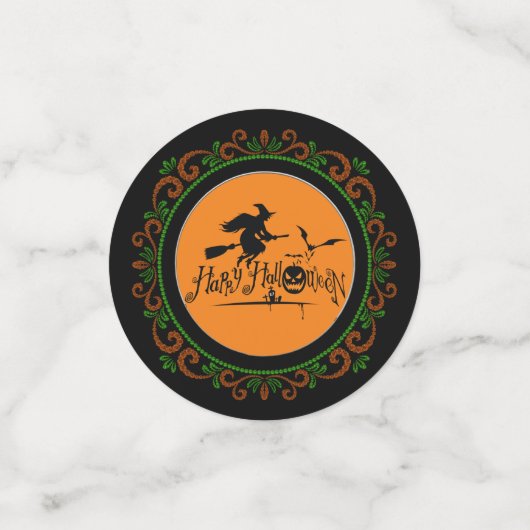 Oranje groene Happy Halloween-heks en -vleermuizen Confetti (Kleine voorkant)