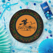 Oranje groene Happy Halloween-heks en -vleermuizen Papieren Bordje (Feest)