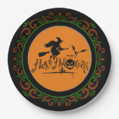 Oranje groene Happy Halloween-heks en -vleermuizen Papieren Bordje (Voorkant)