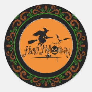 Oranje groene Happy Halloween-heks en -vleermuizen Ronde Sticker