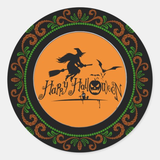 Oranje groene Happy Halloween-heks en -vleermuizen Ronde Sticker (Voorkant)