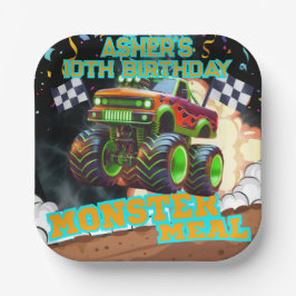 Oranje groene monstertruck off-road verjaardagsple papieren bordje