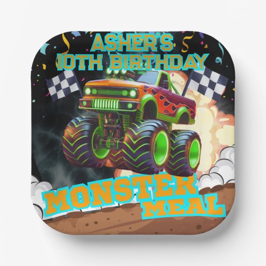 Oranje groene monstertruck off-road verjaardagsple papieren bordje (Voorkant)