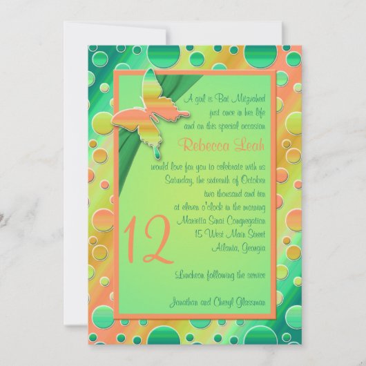 Oranje, groene poka Dot Striped Bat Mitzvah Invite Kaart (Voorkant)