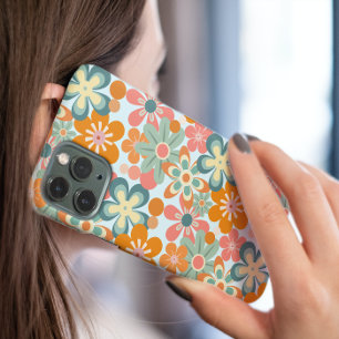 Oranje Groene Roze Monogram Retro Bloempatroon iPhone 15 Case