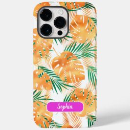 Oranje & Groene Tropische Bladeren, Naam in Script Case-Mate iPhone 14 Pro Max Hoesje