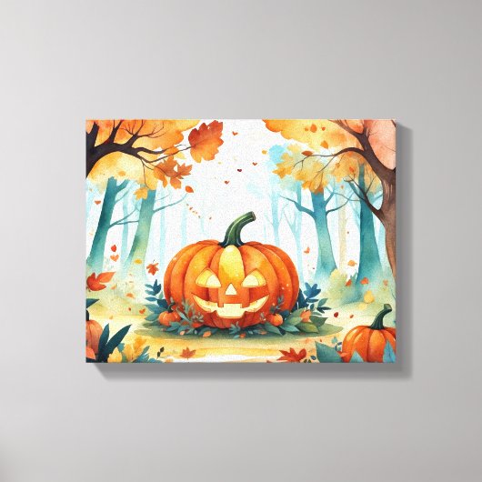 Oranje groene Waterverf Autumn Pumpkins Forest Canvas Afdruk (Voorkant)