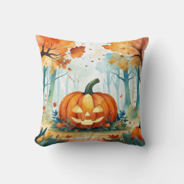 Oranje groene Waterverf Autumn Pumpkins Forest Kussen