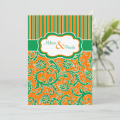 Oranje, groene, witte Floral Striped Wedding Invit Kaart (Staand voorkant)