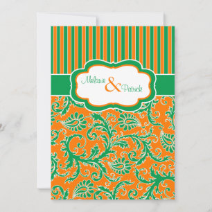 Oranje, groene, witte Floral Striped Wedding Invit Kaart