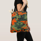 Oranje, groene, zwarte camouflage tote bag (Dichtbij)