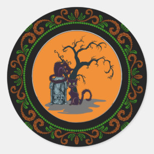Oranje groene zwarte katten boomstam Halloween Ronde Sticker