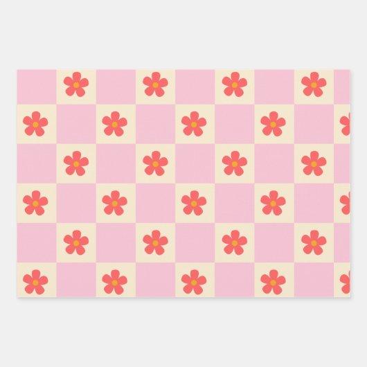 Oranje Groovy Daisy Flowers & Roze Checker Inpakpapier Vel (Voorkant 3)