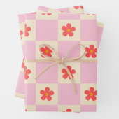 Oranje Groovy Daisy Flowers &  Roze Checker Inpakpapier Vel (In situ)