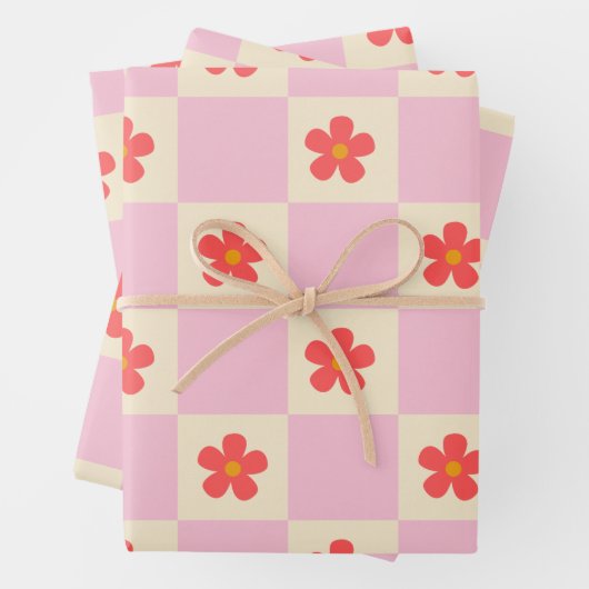Oranje Groovy Daisy Flowers &  Roze Checker Inpakpapier Vel (In situ)