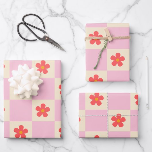 Oranje Groovy Daisy Flowers &  Roze Checker Inpakpapier Vel (Voorkant)