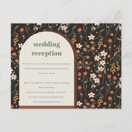 Oranje Groovy Retro Arch Floral Wedding Reception Informatiekaartje (Voorkant)