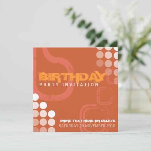 Oranje Grunge Electro Party Birthday Uitnodiging (Staand voorkant)