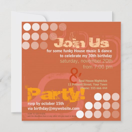Oranje Grunge Electro Party Birthday Uitnodiging (Achterkant)