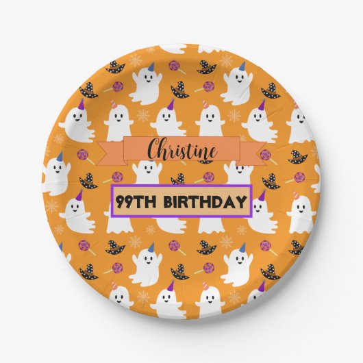 Oranje Halloween Ghost Birthday Party Custom Cute Papieren Bordje (Voorkant)