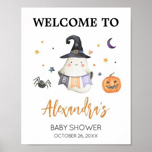 Oranje Halloween Ghost Little Boo Welkom Poster (Voorkant)